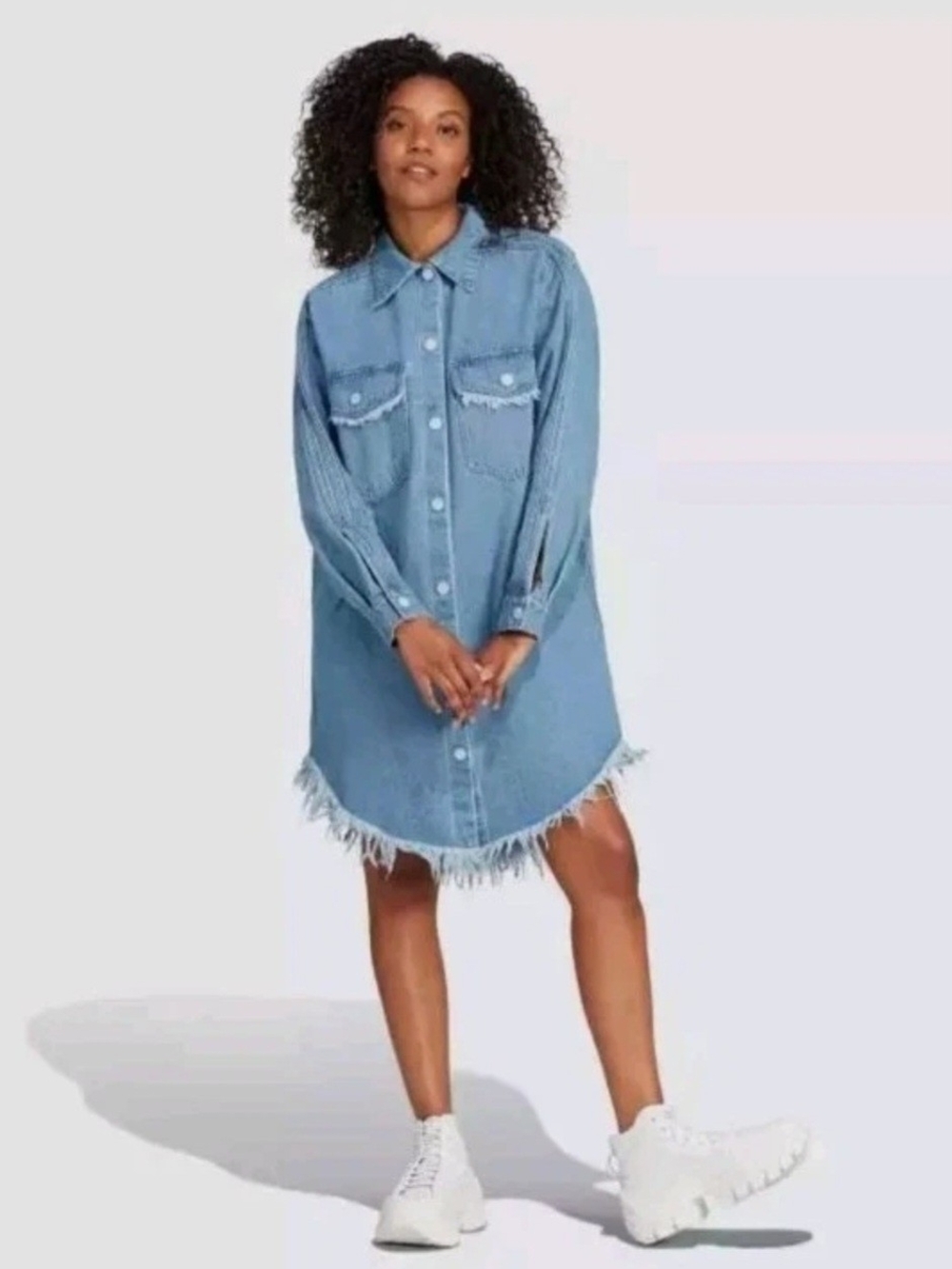 Adidas x Kseniaschnaider | Light Blue Denim Shirt Dress with Frayed Hem